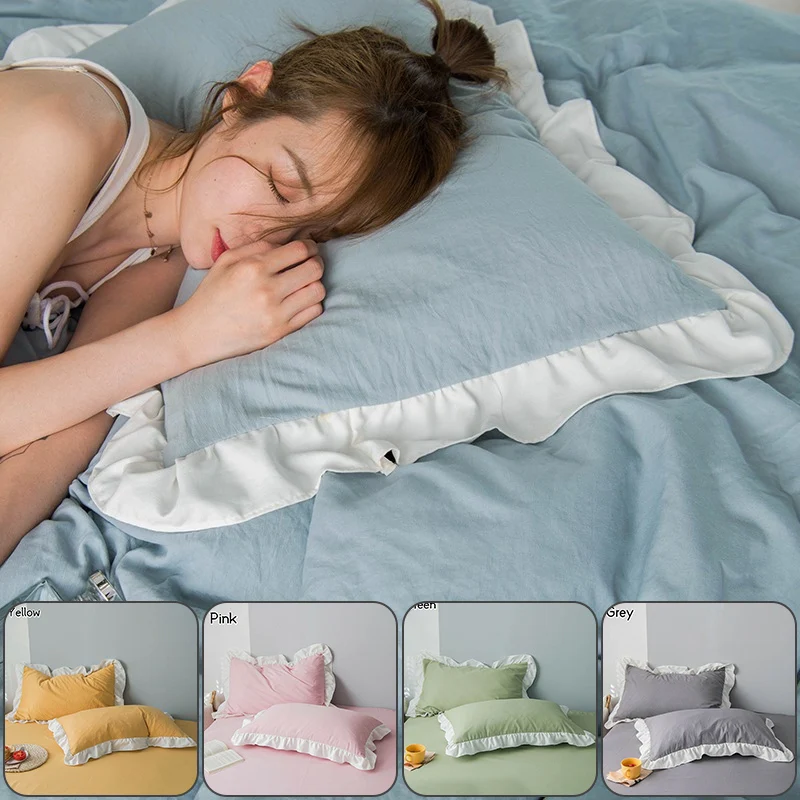 

2 Pcs Simplicity Cotton Linen Washed Natural Pillow Cases Long Ruffles Pillow Covers Princess European Pillowcase