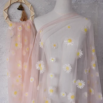 

Mesh sequin daisy flower embroidery soft lace fabric wedding dress cheongsam dress clothing fabric handmade cloth 100x140cm