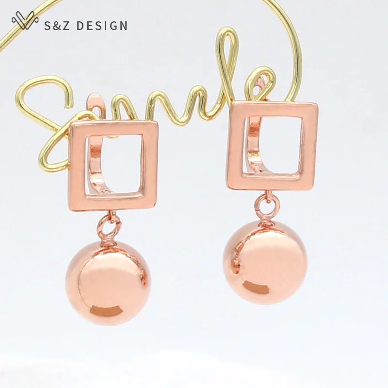 S&Z DESIGN Fashion Round Metal Bead Dangle Earrings For Women Girl Wedding Party 585 Rose Gold Color Jewelry