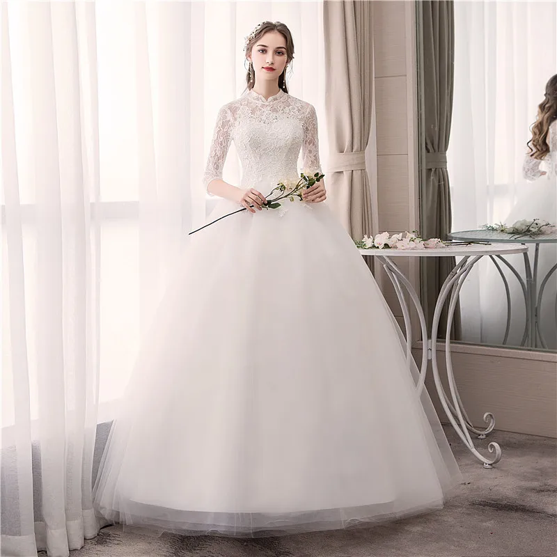 Customized Wedding Dresses Ball Gowns Lace Up New Style Bride Half Sleeve French Embroidery Wedding Dress Vestido De Noiva 2