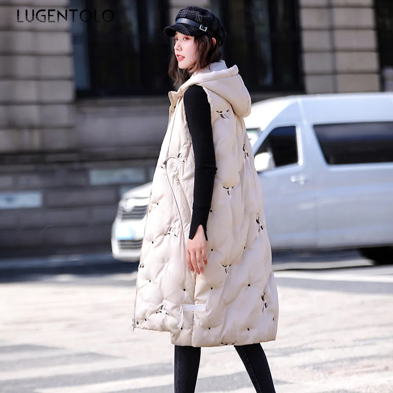 Lugentolo, Женское зимнее пальто, зимний длинный жилет с капюшоном, свободный, большой размер 200 кг, хлопковый жилет с вышивкой