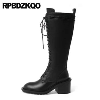 

high heel chunky real leather brand women winter boots genuine autumn round toe 2019 black lace up fall knee quality shoes short