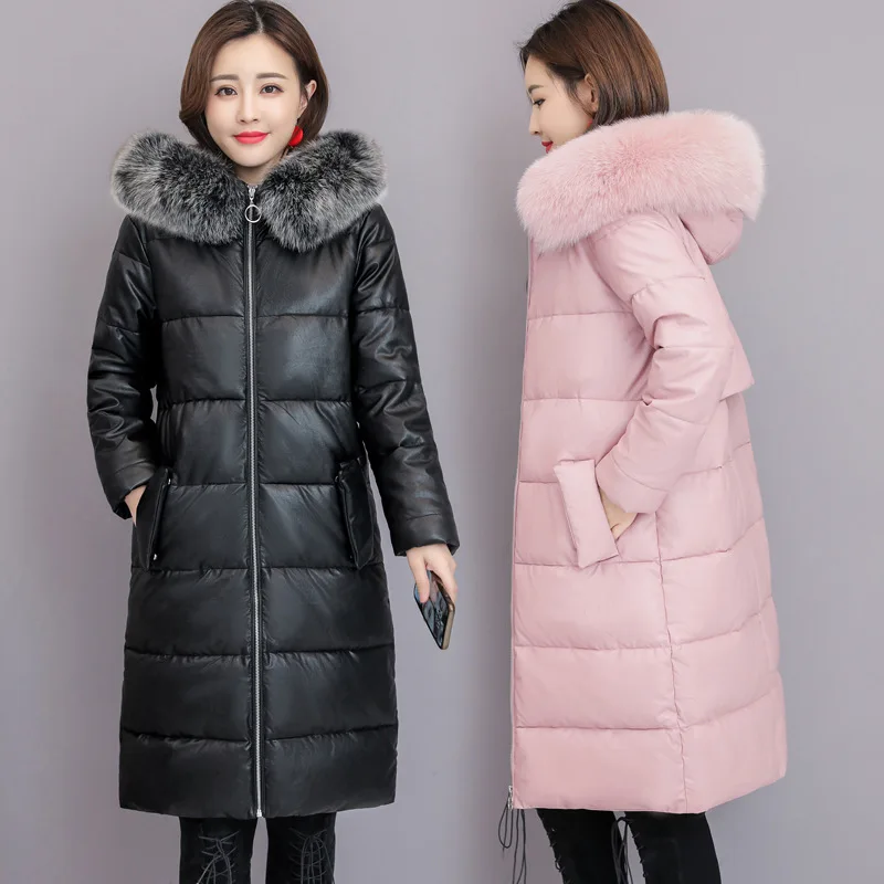 

PU Leather Cotton Coat Women's Mid-length 2019 Winter New Style Korean-style Really Fox Fur Collar down Feather Cotton Jacket