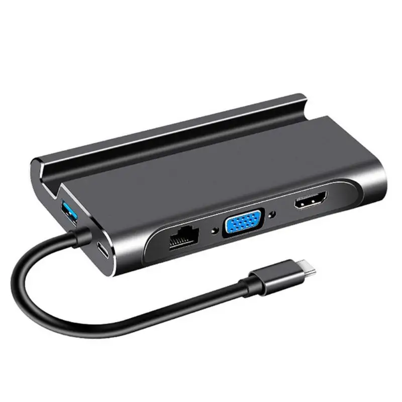 7 в 1 Смарт док-станция type-C концентратор к USB3.0 RJ45 VGA HDMI PD конвертер адаптер - Цвет: Черный