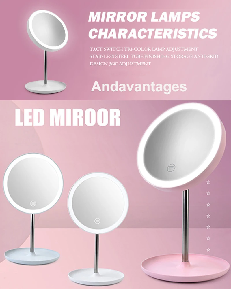 Makeup Mirror With Natural White LED Mirror Light Daylight Vanity Mirror Detachable Storage Base 3 Modes To espelho lustro LD 01