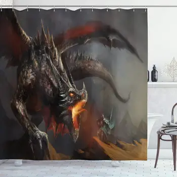 

Medieval Decor Collection, Fantasy Scene Fearless Knight Fighting with Dragon Danger Fire Breathing Mythology Themed Art,