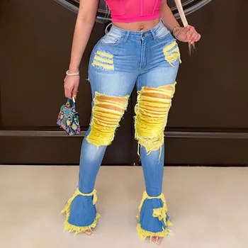 

Fashion Ripped Jeans Flared Trousers Women High Waist Joggers Bell Bottom Trousers Classic Denim Ruffled Trousers