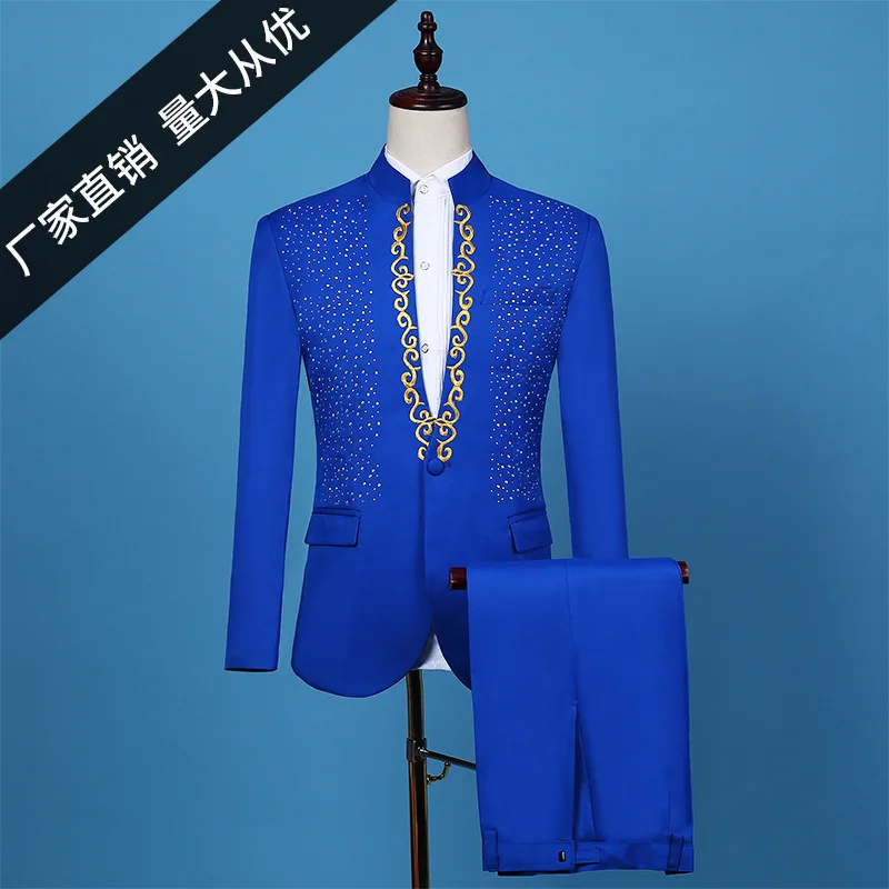 

2020 Men New Style Blue Diamond Set Embroidered Stand Collar Suit Singer Master of Ceremonies Host Studio Stage Performance Suit