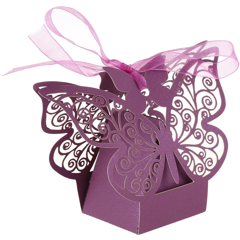 Новые 50 шт. свадебные коробки для конфет с бабочкой, Подарочная коробка, свадебные сувениры, вечерние принадлежности, свадебные украшения(фиолетовые