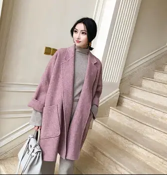 

2019 Autumn Wool Coat Pink Korean Style Long Woolen Coat Winter Thicken Outwear Women Warm Loose Long Blends Jacket Streetwear