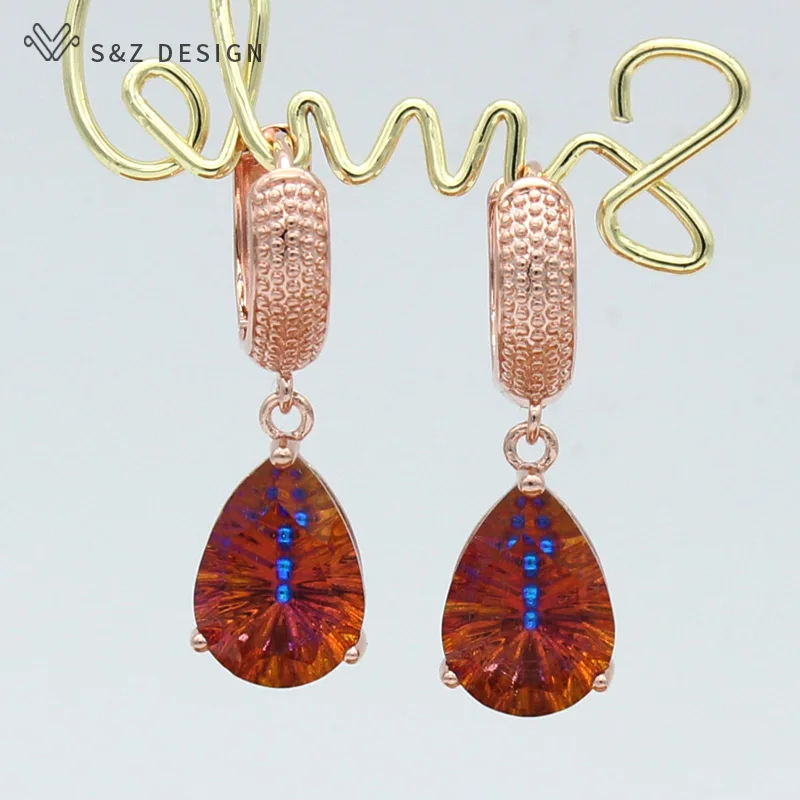 S&Z DESIGN New Fashion Water Drop Crystal Dangle Earrings For Women 585 Rose Gold Color Girl Wedding Party Jewelry