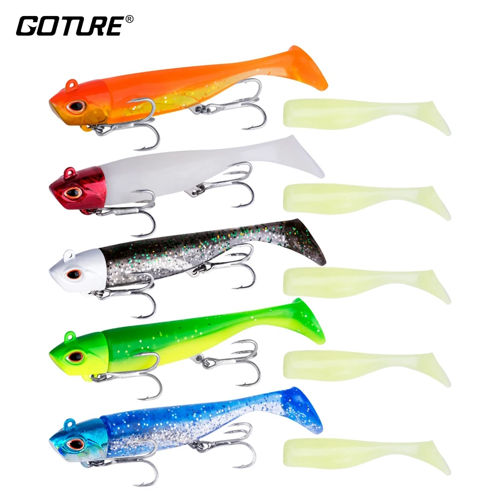 

Goture 5pcs/lot 1pc Lure+1PC Spare Luminous Tail JIGMAN Fishing Lure Searchbait 18g 26g Wobblers Swimbait Soft EVA Tail