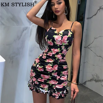 

High-end Custom Women's Summer Rose Print Satin Slip Dress Bodycon Pleated Sexy Tube Top Straps Backless Mini One-piece Dress
