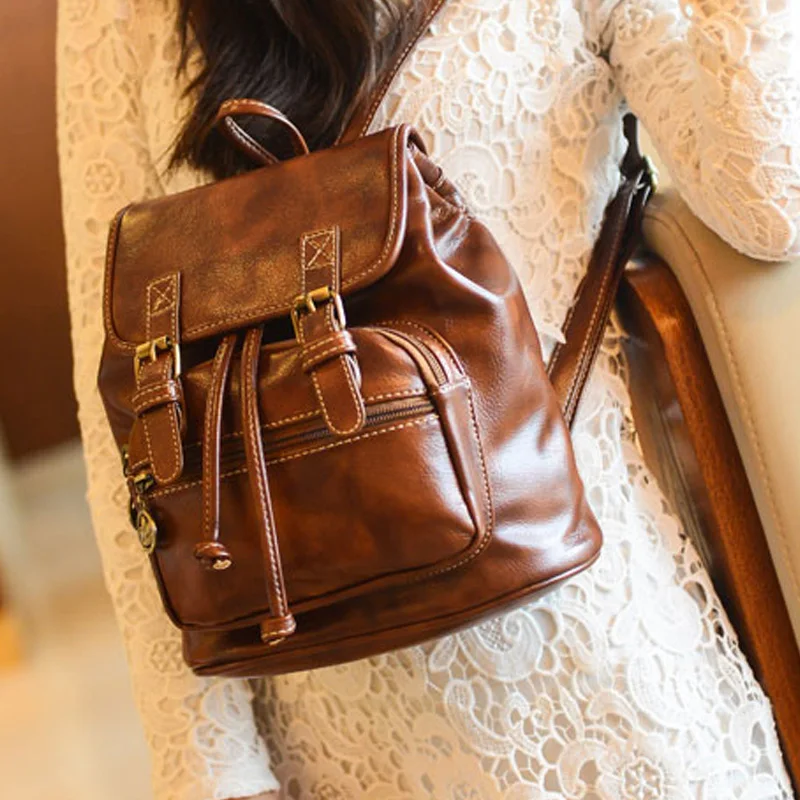 

AUAU-Literary Retro Backpack Sen Women'S Bag Korean Version Of the Pumping Mini Backpack Casual Pu Leather Backpack