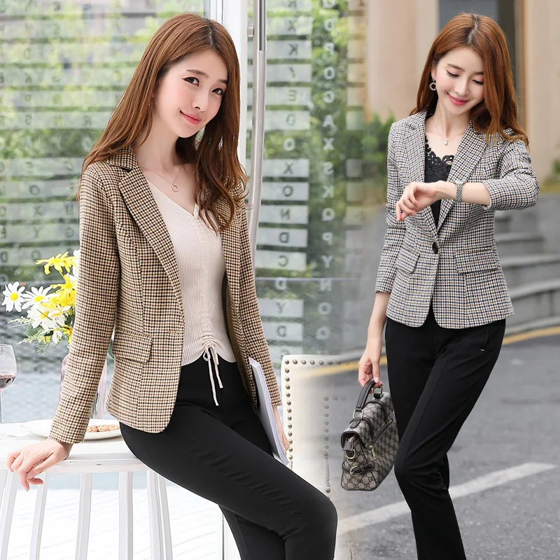 

Women's Korean-style Small Suit 2019 Spring And Autumn New Style Ozhouzhan Grid Casual Slim Fit Elegant Short Jacket