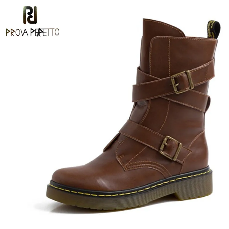 

Prova Perfetto 2020 Platform Ankle Boots Women Buckle Flat Martin Boots Cow Leather Sole Winter Shoes Woman Chaussures Femme
