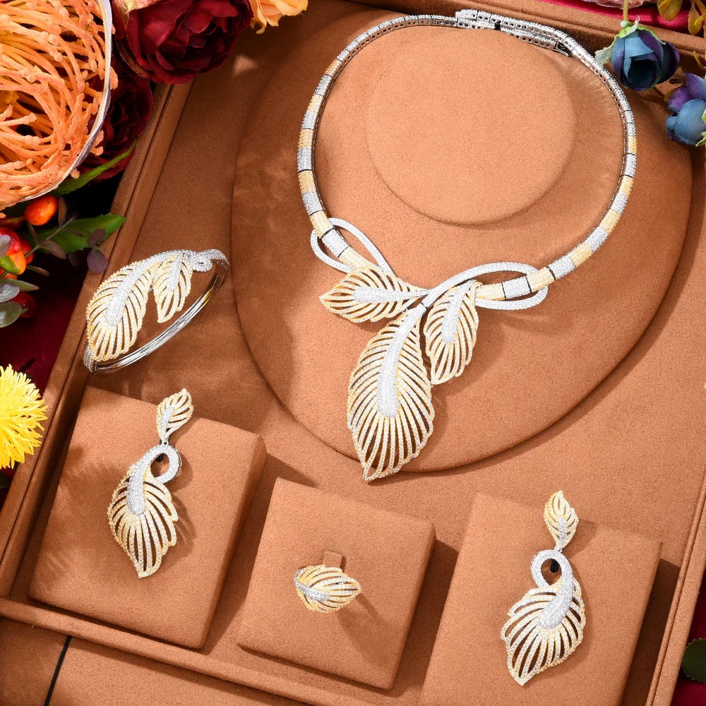 

GODKI 4PC BIG Flower Leaf Luxury African Jewelry Set For Women Wedding Party Naija Bride Necklace Dubai Bridal Dress Jewelry Set