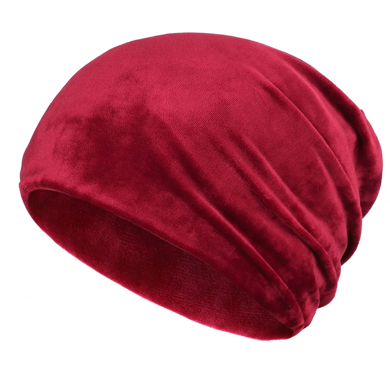 Зимние шапки мягкие теплые блестящие однотонные женские шапочки со стразами женские шапки с жемчугом бархатная мягкая шапка - Цвет: Red-d