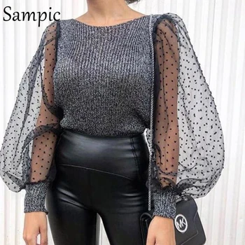 

Sampic Pullover Slim Fashion O Neck Casual Mesh Dot Long Sleeve Oversized Sweater Crop Woman Knitted Sweater Thin Winter 2019