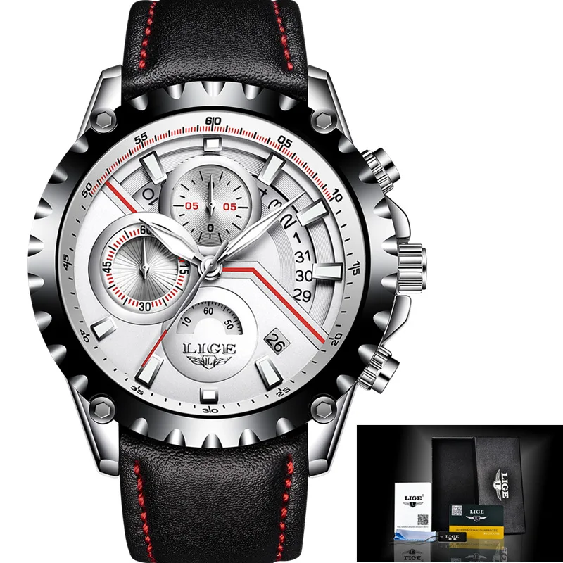 leather Silver white LIGE мужские наручные часы модные спортивные кварцевые часы мужские s лучший бренд класса люкс полный стальной Бизнес водонепроницаемые часы в стиле кэжуал Masculino - Цвет: leather Silver white