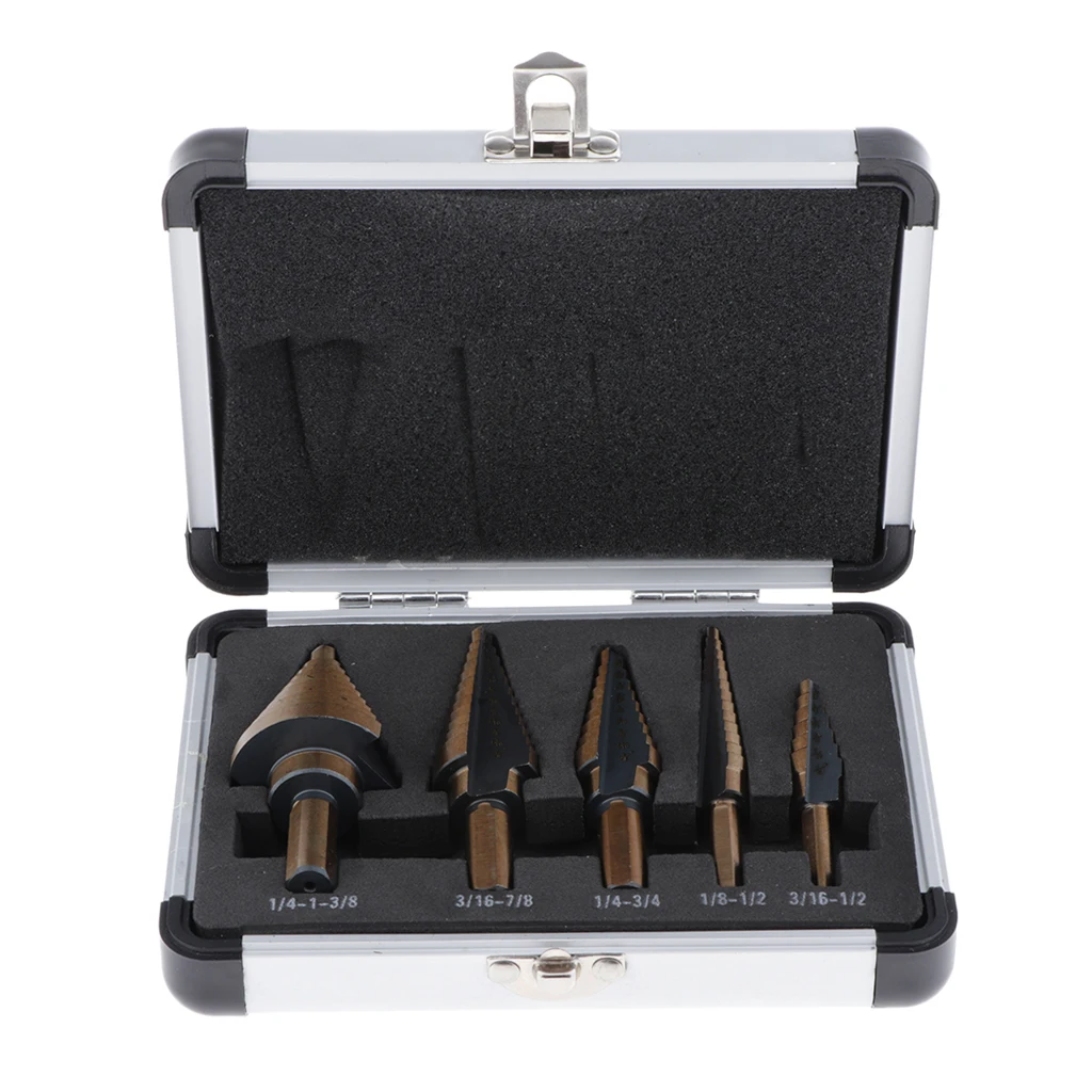 5X Cobalt Multiple Hole Cut 50 Sizes Step Drill Bit Set Kit w/ Aluminum Case USA 5pcs Metric Hss Cobalt Step Drill Bit Set 5X Cobalt Multiple Hole Cut 50 Sizes Step Drill Bit Set Kit w/ Aluminum Case USA 5pcs Metric Hss Cobalt Step Drill Bit Set