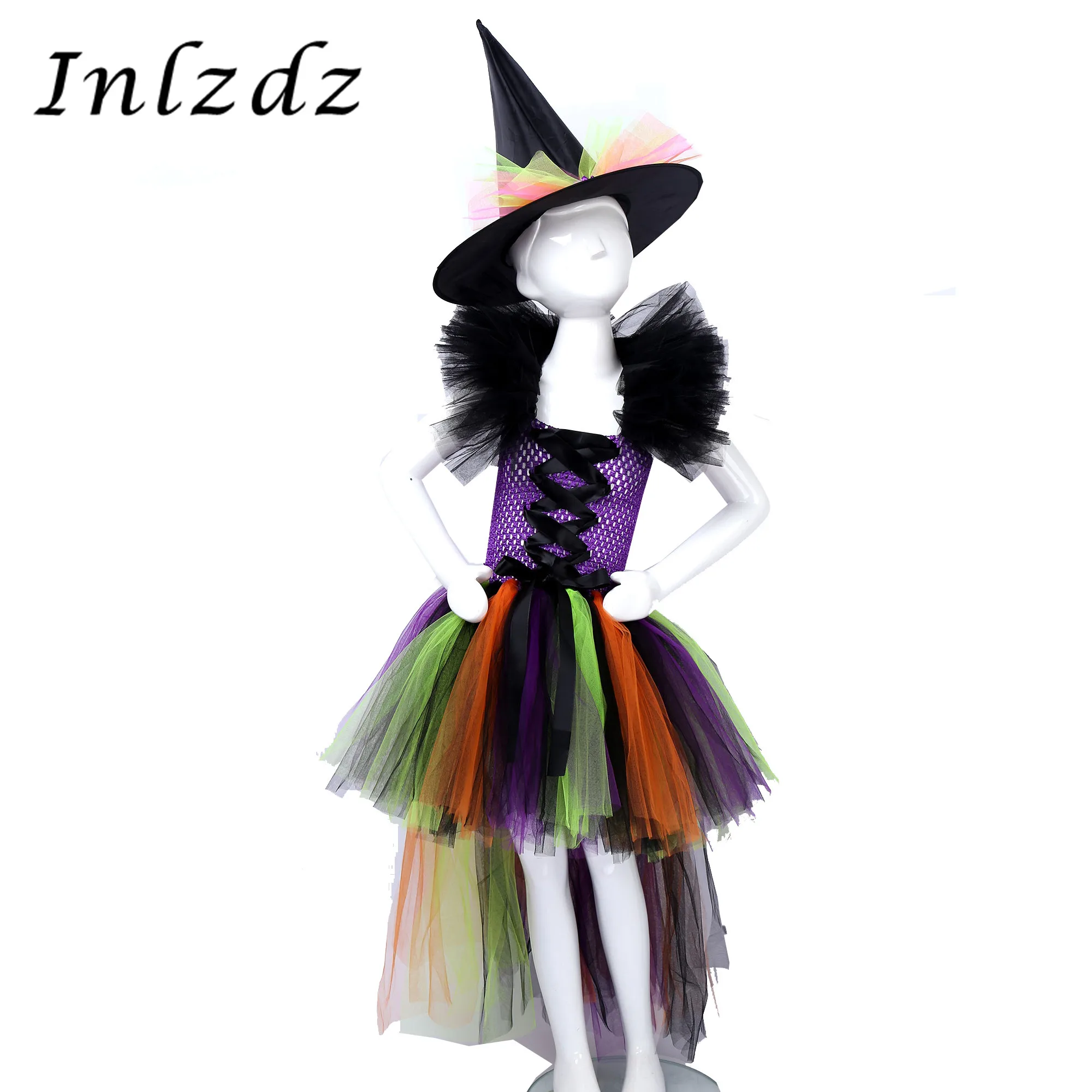 

Kids Girls Halloween Wizard Cosplay Christmas Dress Crochet Top Bodice High-Low Hem Tutu Mesh Skirt Witch Roleplay Games Clothes
