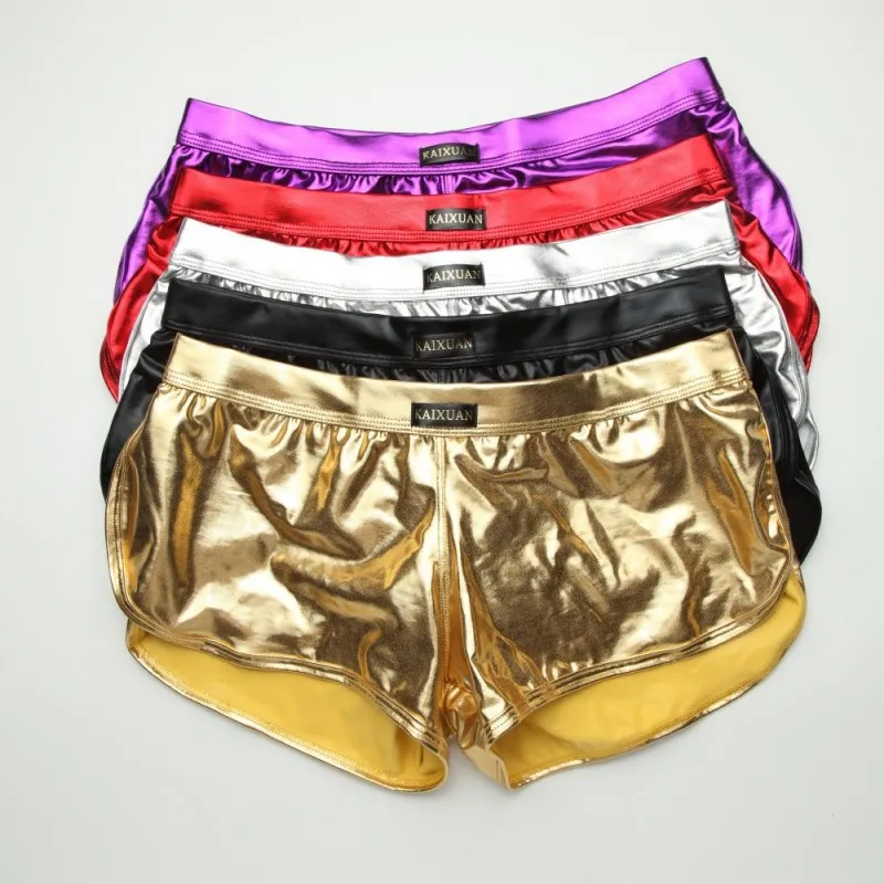 Men PU Boxers Shorts Sexy Leg Split Underpants Faux Leather Gold Silver Stage Exotic Stage show night club Gay Underwear 3