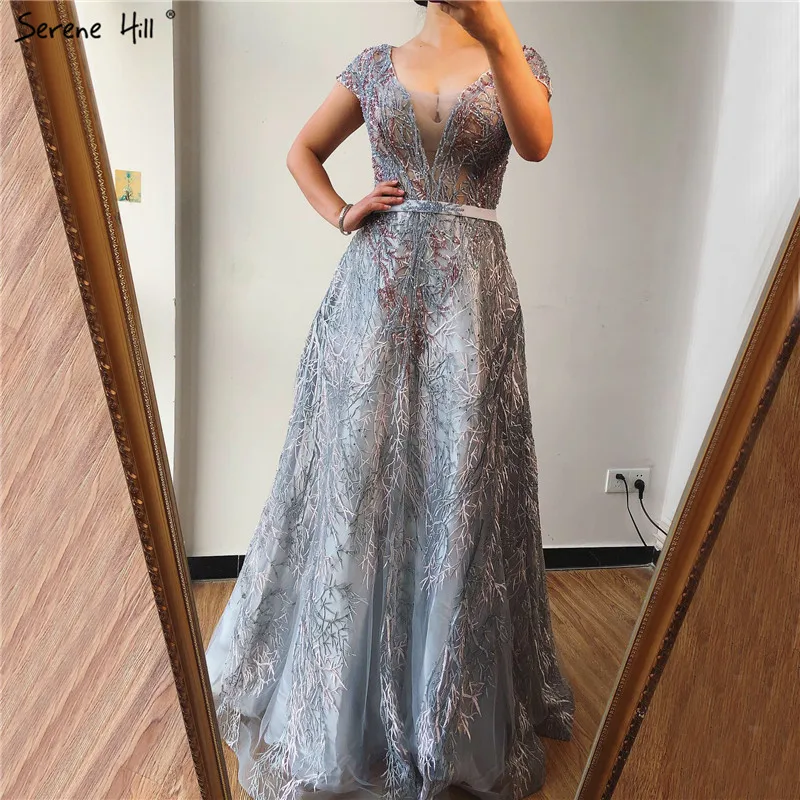 

Grey V-Neck Sleeveless Luxury Long Evening Dresses 2019 Sequined Crystal A-Line Evening Gowns Design Serene Hill LA70226