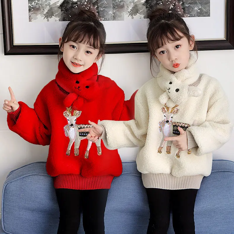 

Christmas Sweater Kids Free Neckerchief Children Sweater with Deer Patterns Wool Blend Plus Velet Baby Girl Thick Warm Outerwear