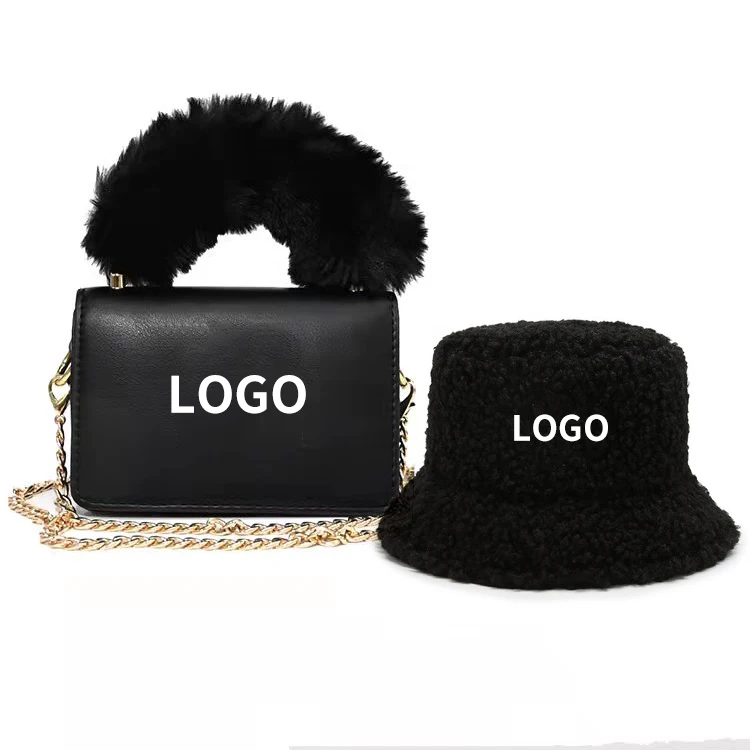 New NY York  Matching Fur Purse and Hat Set Bucket Hat Winter Bulk Hair Warm Women Purses and Hand Bag