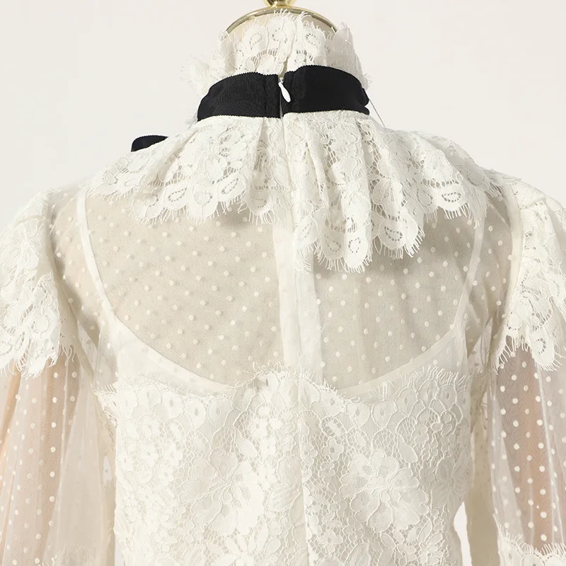 Подиум дизайнер Zim бренд белый черный женская блузка с бантом элегантный кружевной фонарь длинный рукав сетка винтажная женская блузка рубашка