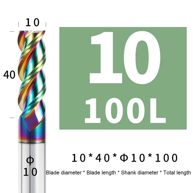 Colorful End Mill Aluminium HRC55 3F Milling Cutter Acrylic Wood Copper Plastic Cutting Tool CNC Maching Milling Tools Endmils 10X40XD10X100L