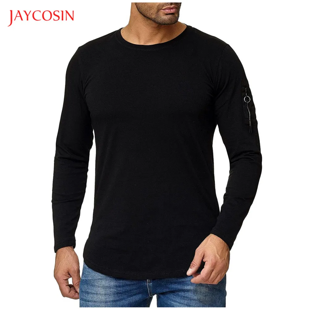 Joycosin, Мужская футболка для бега, модная, одноцветная, с карманом, с длинным рукавом, футболка, мужская, с o-образным вырезом, облегающая, спортивная одежда, мужские топы