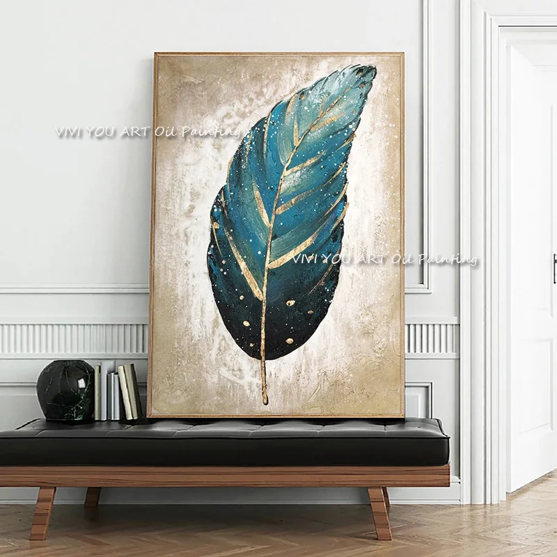 

Big Abstract Feather On Canvas Handpainted Wall Art Paintings Blue Gold Leaves Decorative Picture for Living Room Home Decor