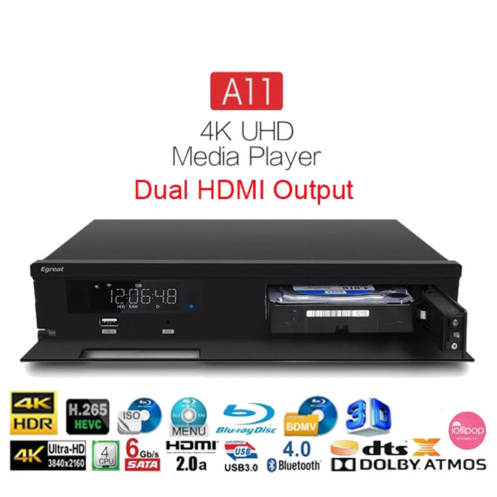 Egreat A11 3D 4K Blu-Ray HDD медиаплеер Bluetooth 4,0 2G/16G Android tv Box домашний кинотеатр HDR 10 2,4G/5G WiFi Dolby Atmos/DTS: X