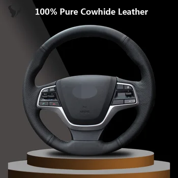 

For Hyundai Elantra 4 2016 2017 Solaris 2017 Accent 2018 Black Genuine Leather Car Steering Wheel Cover Accessories