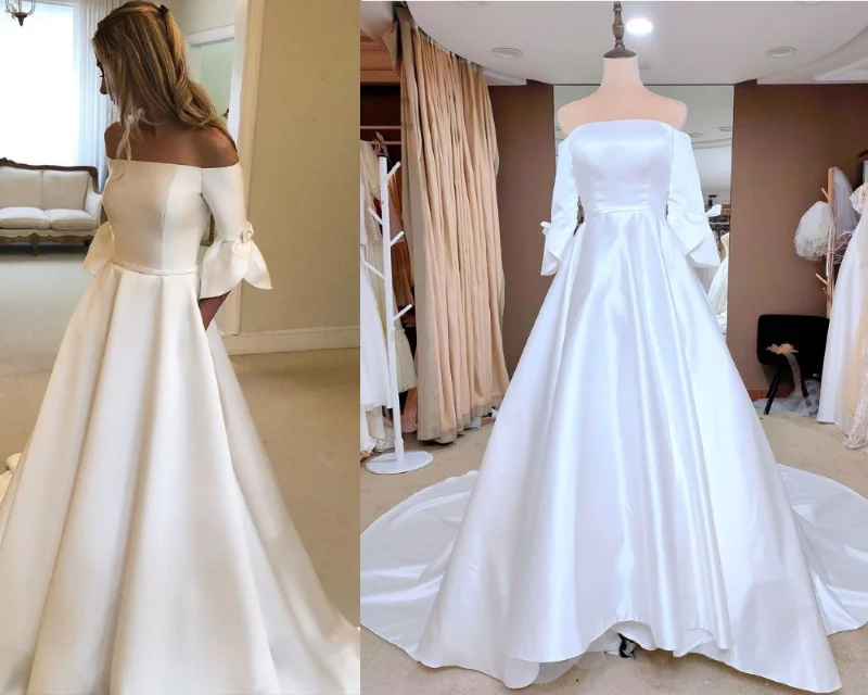 

#2011 Реальные фотографии элегантное сатиновое свадебное платье со складками и открытыми плечами с длинным рукавом