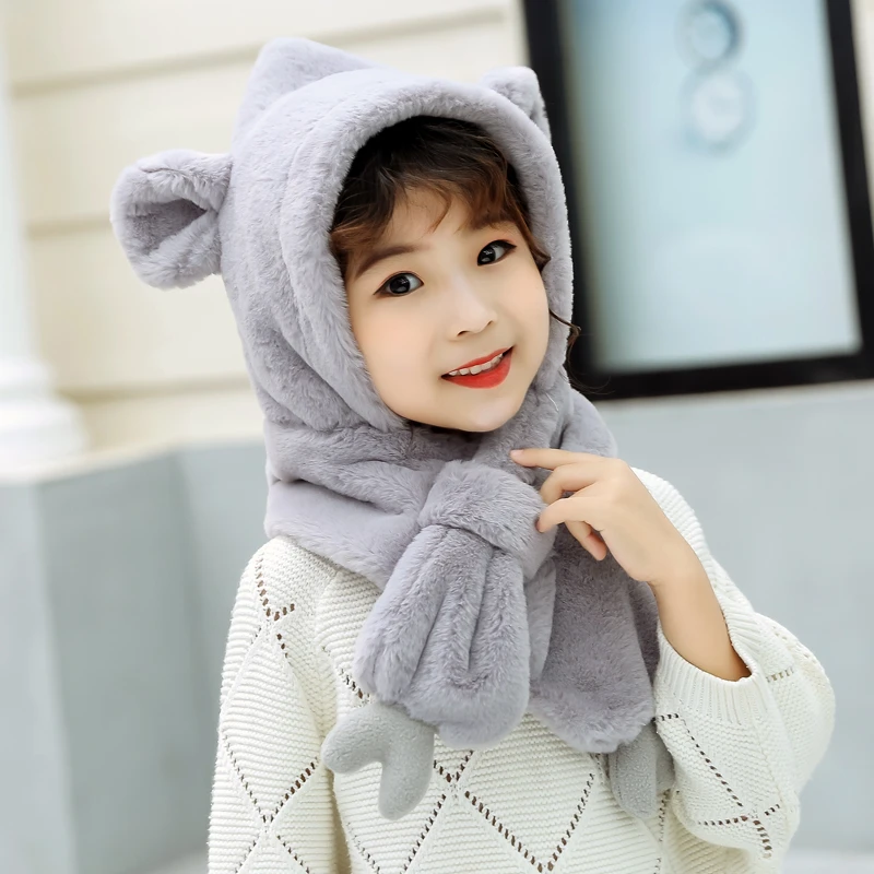 Glaforny/Корейская версия детских одноцветные бейсболки для женщин, осенне-зимняя теплая детская шапка с рисунком, двухслойная утолщенная шапка, шарф - Цвет: grey
