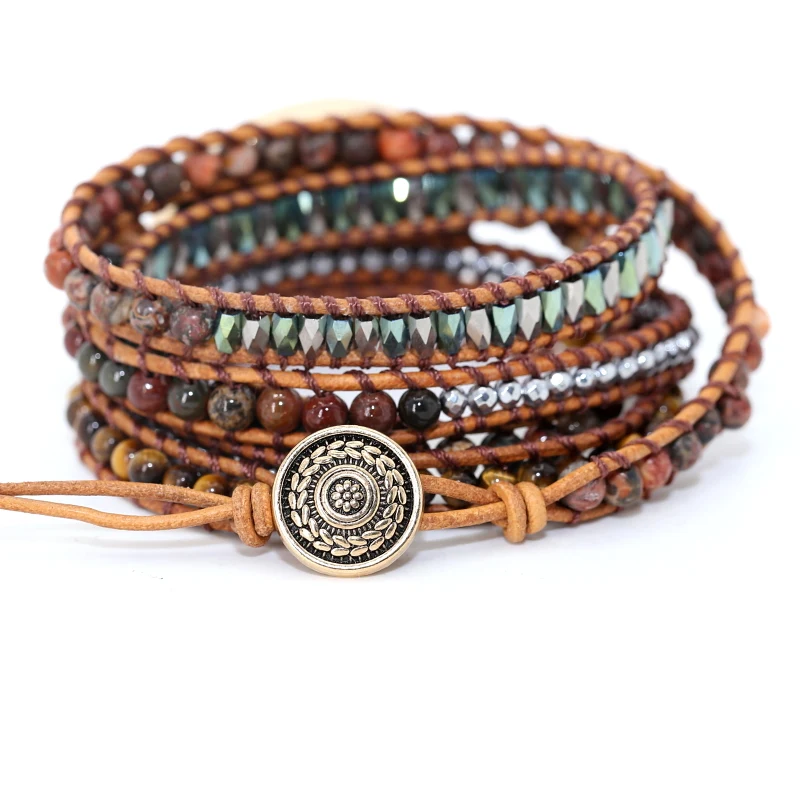 Женские браслеты с тигровым глазом Boho ручной работы 5 нитей Многослойные натуральные камни кожаный браслет с бусинами