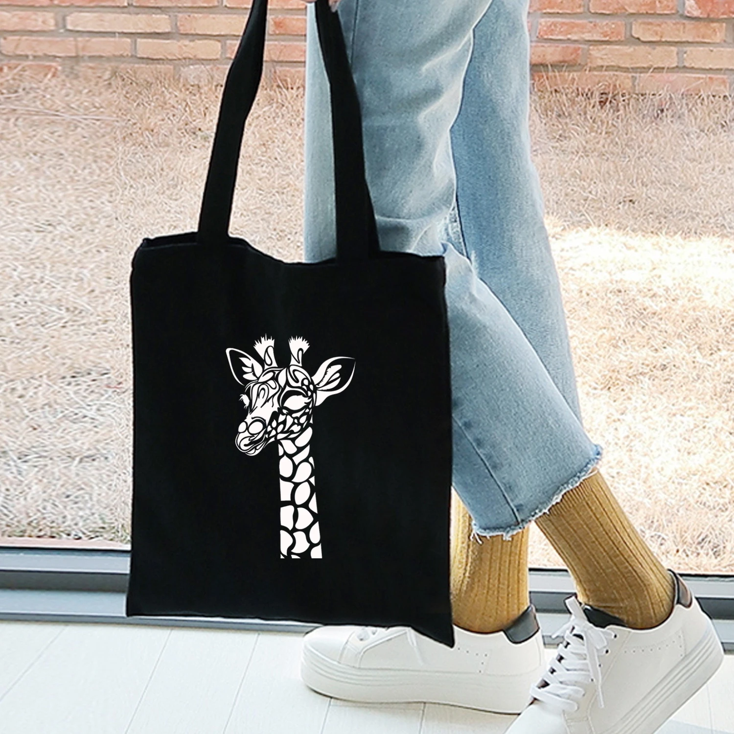 Women Canvas Shoulder Bag Cotton Shopping Tote Students' Simple Eco Environmental Shopper Bag Animal Cartoon Print Cat Deer