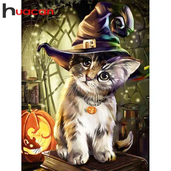 

Huacan Full Square/Round Diamond Painting Halloween Cat 5D DIY Diamonds Embroidery Animal Kits Decorations Home
