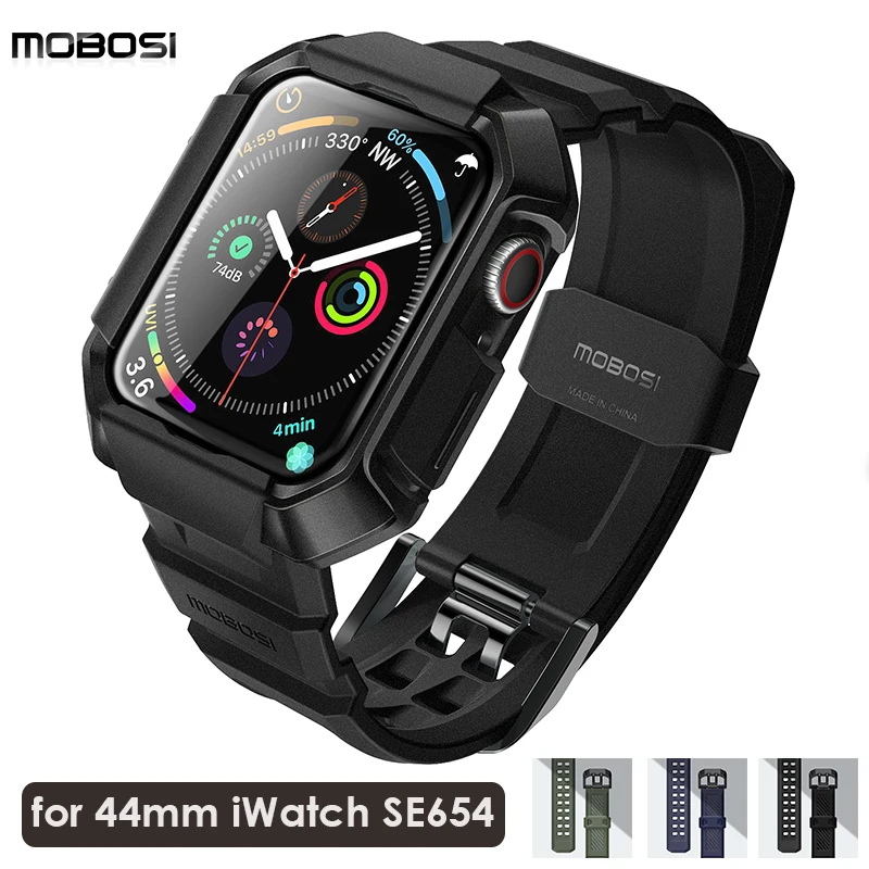 MOBOSI-Correa para Apple Watch de 44mm, Series 6 5 4 SE con funda militar resistente al agua, funda protectora rugosa con banda deportiva de TPU
