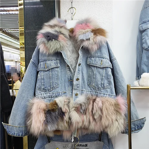 color fur Пальто из натурального меха кролика воротник зимний теплый толстый джинсовый жакет пальто женские джинсовые куртки верхняя одежда - Цвет: color fur
