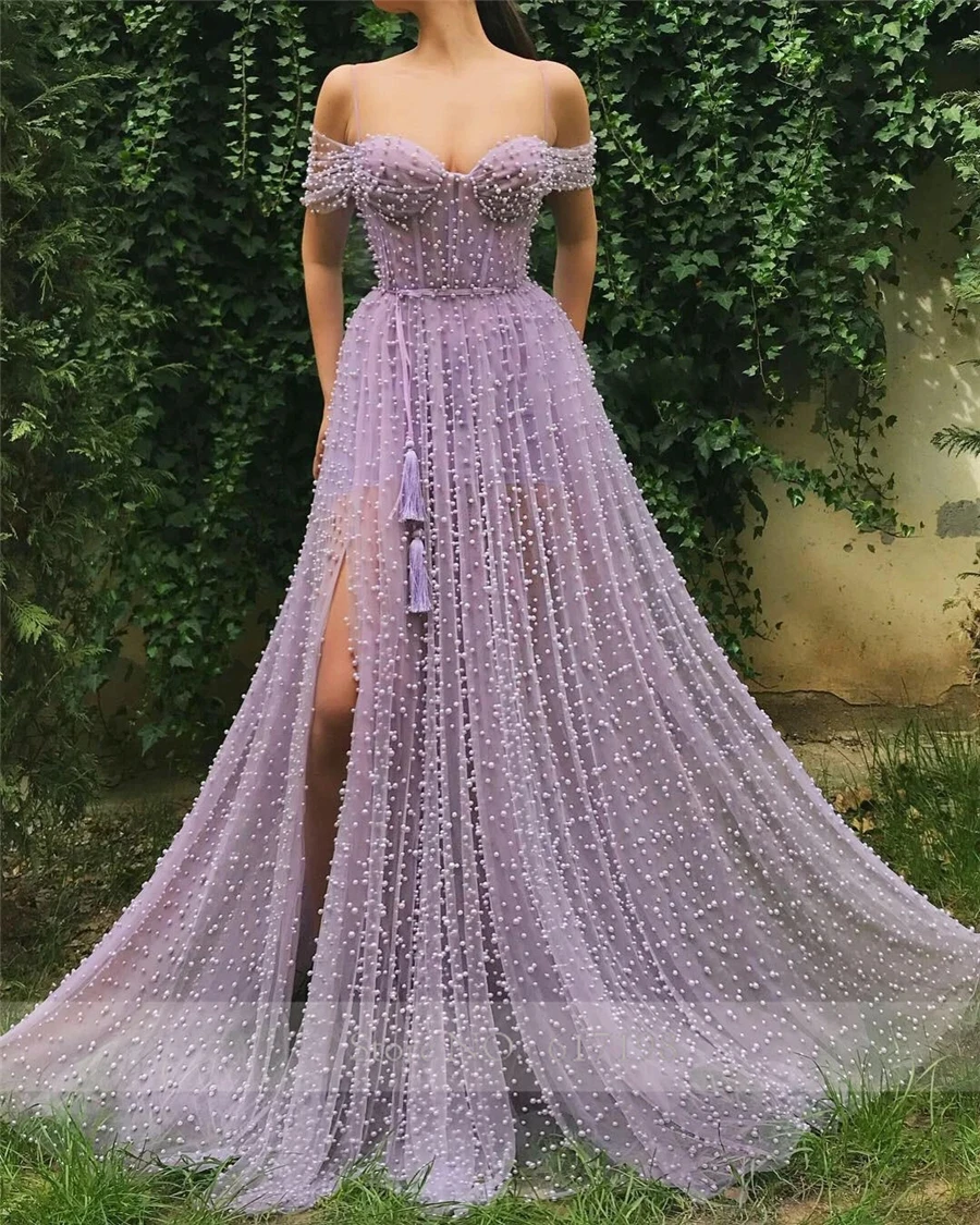 Handmade Heavy Pearls Sweetheart A-line Lilac Prom Dresses 2020 High Slit Women Formal Evening Gowns robes de soirée silver prom dresses