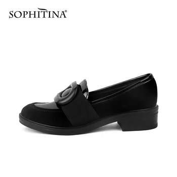 

SOPHITINA Spring Autumn Falt Woman Kid Suede Upper Round Toe Low Square Heel Patchwork Floral Design Flat Shoes PC864
