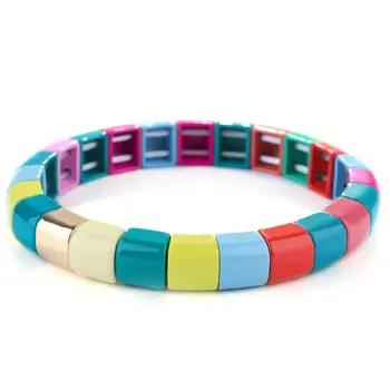 

KELITCH Boho Enamel Tile Strand Beads Bracelets Bangles Rainbow Beads Elastic Bangles Cuff Chain Jewelry New