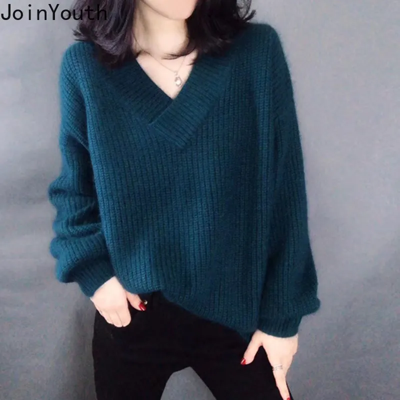 JoinYouth V Neck Solid Women Sweaters 2020 Autumn Korean Fashion Pullovers Winter Clothes Loose Warm Sueter Mujer Outwear J224