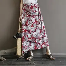 Сказочные натуральные винтажные прямые женские длинные юбки с цветочным рисунком, новинка, весна-лето, Повседневная Свободная женская льняная юбка с завышенной талией