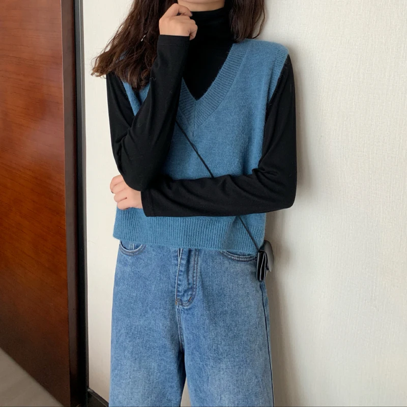 Korean Style Soild Color Women Sweater Vest Short Paragraph Loose Sweater Women's Autumn Wear New Wild Female Sweater Vest
