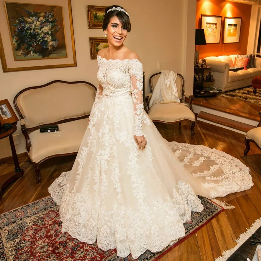 Robe De Mariage винтажное кружевное свадебное платье русалки с длинными рукавами аппликация с открытыми плечами Свадебные платья Casamento WM33